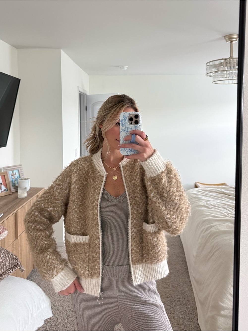 Fuzzy tan and cream zip up sweater